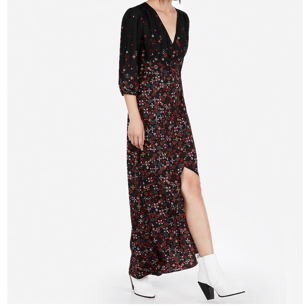 Express Women’s Floral Maxi Dress Striking High Low Surplice Faux Wrap V-Neck - Picture 4 of 13
